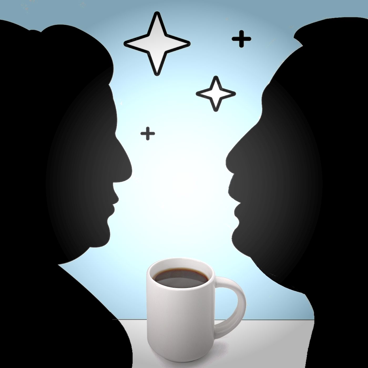 Logo: zwei Köpfe als Schattenriss vor Himmelsblau mit Sternen und Kaffee
